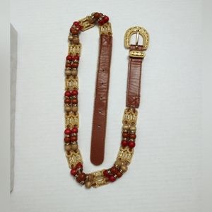 Express Belt Genuine Leather Taiwan  Wood Bead Buckle Women's Size M Bohemian